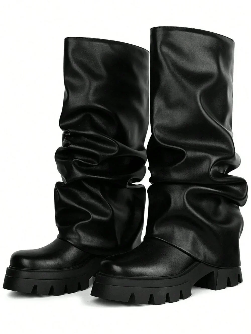 Black Y2K Women's Slip On Platform Slouchy Boots